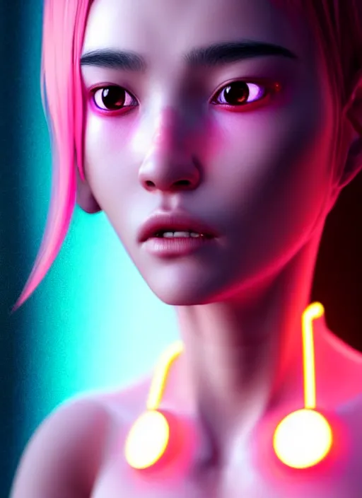 Image similar to photorealistic portrait of oriental female humanoid with freckle cheeks, dyed hair, cyber neon lightings, highly detailed, cyberpunk high fashion, elegant, crispy quality, trending in artstation, trending in pinterest, glamor pose, no signature, no watermark, cinematic, octane render, art by artgerm, art by greg rutkowski, art by pascal blanche