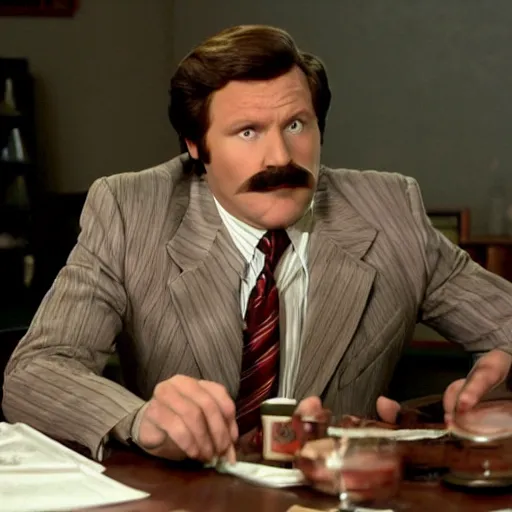 Prompt: a movie still of Alex Trebeck as Ron Burgundy in the movie Anchorman