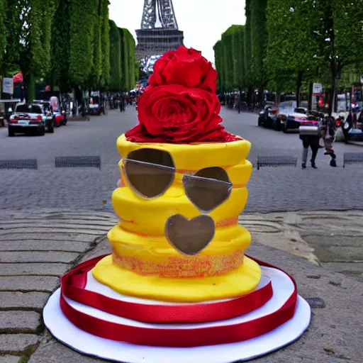 Image similar to a cake on a sidewalk in front of the eiffel tower