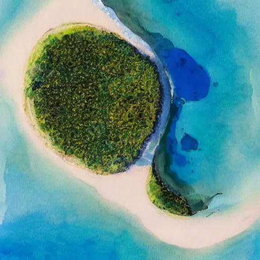 Prompt: a bird's - eye view of a island in de middle of the ocean, watercolor
