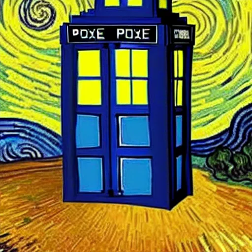 Prompt: an explosing tardis painted by van gogh