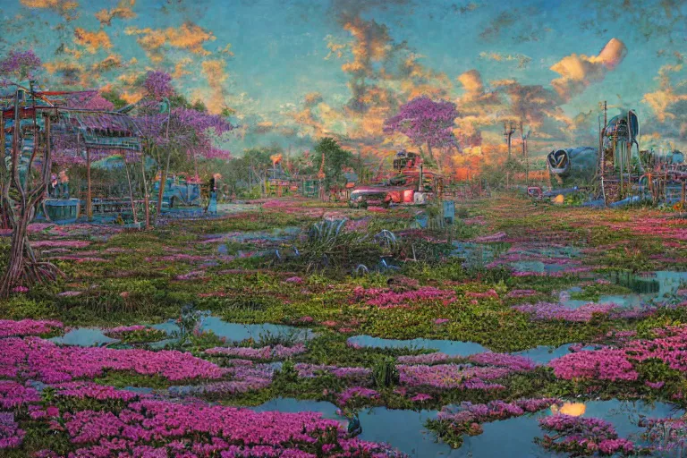 Prompt: oil painting, super - detailed scene akira, twilight junkyard, louisiana swamps, indigo blooming flowers garden, japanese sci - fi books art, artwork by jean giraud, hd, 4 k, high quality