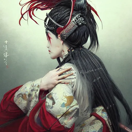 Image similar to an epic portrait of insane kabuki wielding a spear, magical aura of insanity, intricate hakama, poofy red wig, eerie, highly detailed, dark fantasy, art by artgerm and greg rutkowski