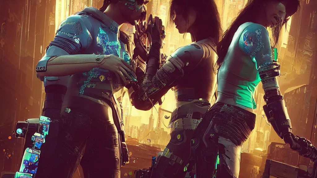 Image similar to a cyberpunk 2077 srcreenshot couple portrait of jhony silverhand & female android in kiss,love story,film lighting,by Laurie Greasley,Lawrence Alma-Tadema,Dan Mumford,John Wick,Speed,Replicas,artstation,deviantart,FAN ART,full of color,Digital painting,face enhance,highly detailed,8K,octane,golden ratio,cinematic lighting