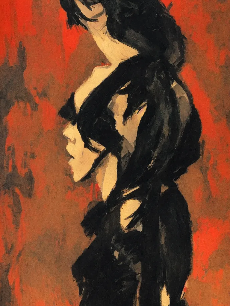 Image similar to portrait profile of one mysterious dark beautiful women in 1 9 7 8, oil painting by john watkiss