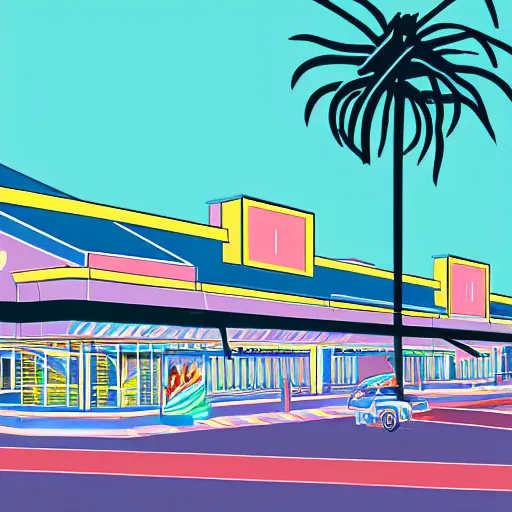 Prompt: art deco vaporwave illustration of a mall food court in pastel colors