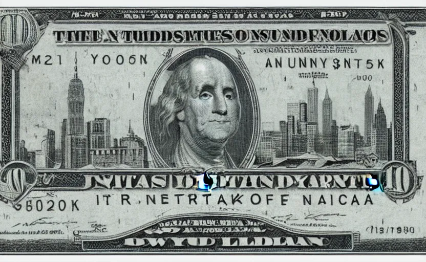 Image similar to rectangular photograph of two hundred dollar u. s. currency note featuring new york city skyline