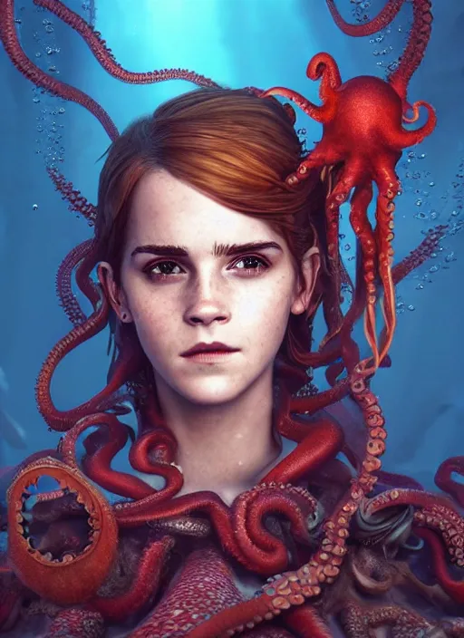 Image similar to underwater pirate portrait of emma watson, red hair, octopus, parrot, hyper detailed, digital art, cinematic lighting, studio quality, smooth render, unreal engine 5, octane rendered, art style by klimt and nixeu and ian sprigger and wlop and krenz cushart.
