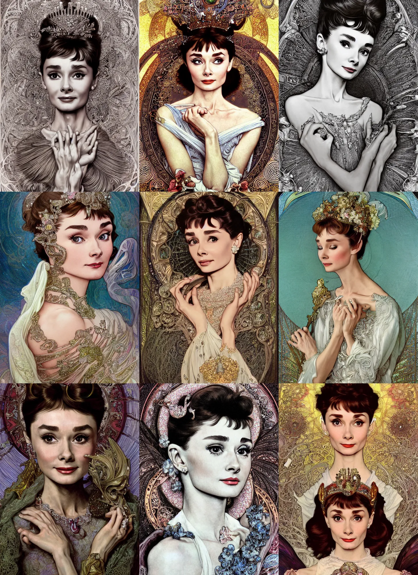 Prompt: Audrey Hepburn as Godness of Love, cute, fantasy, intricate, elegant, highly detailed, digital painting, 4k, HDR, concept art, smooth, sharp focus, illustration, art by alphonse mucha,artgerm, H R Giger, beautiful detailed intricate insanely detailed octane render, 8K artistic photography, photorealistic,