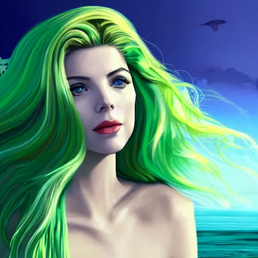 Image similar to A combination of Grace Kelly's and Katheryn Winnick's and Ashley Greene's faces with light green hair as a mermaid on the beach, cyberpunk style, synthwave aesthetic, fantasy, intricate, elegant, highly detailed, digital painting, artstation, concept art, matte, sharp focus, illustration, half body portrait, anime style, blue tint, art by Artgerm and Greg Rutkowski and Alphonse Mucha