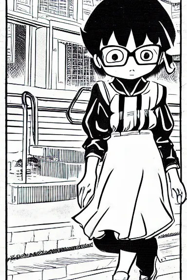 Prompt: girl with glasses is walking to school, black and white artwork in manga style, made by toriyama akira, intricate, highly detailed, comic page