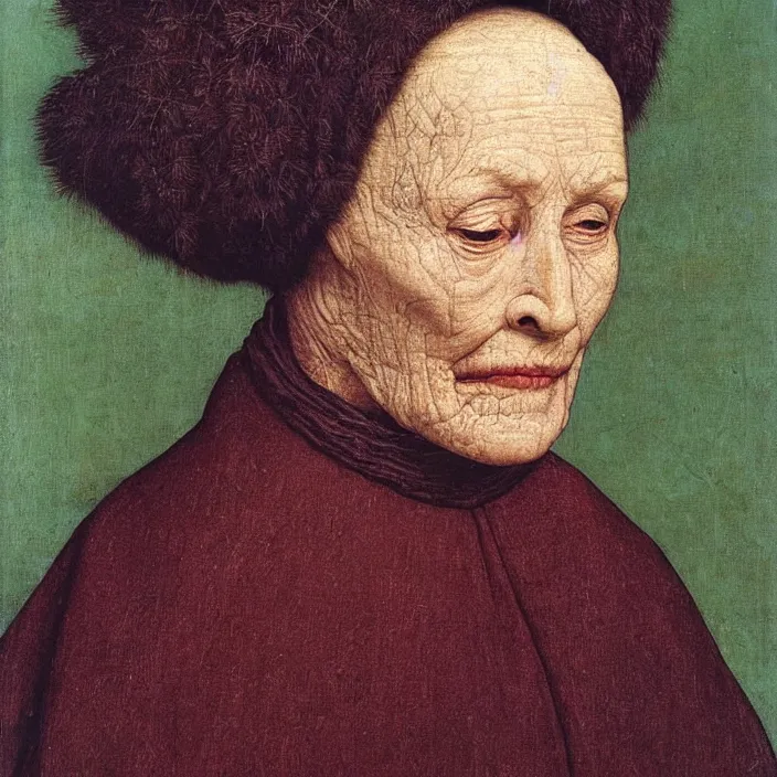 Image similar to close up frontal portrait of a dying old woman. thistle, clear gradient sky. jan van eyck