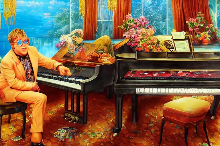 Image similar to elton john playing a piano in a pool filled with baked beans, an oil painting by ross tran and thomas kincade