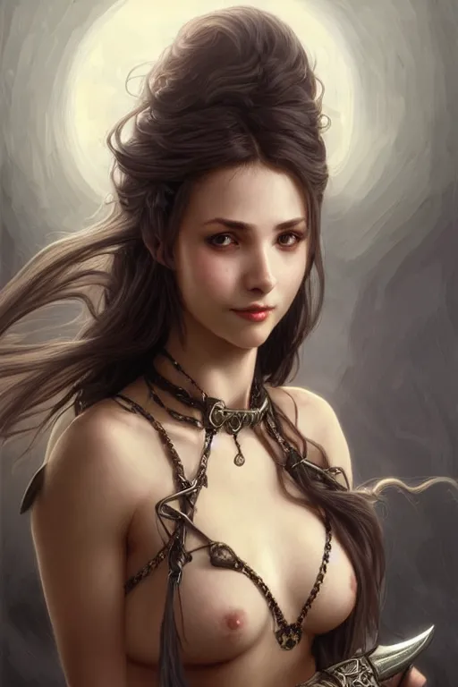 Image similar to Portrait of seductive female fighter, D&D, revealing full chainmail, choker on neck, very long flowing hair, mouth slightly open, cute slightly nerdy smile, fantasy, intricate, elegant, stylish, highly detailed, digital painting, artstation, concept art, smooth, sharp focus, illustration, art by artgerm and greg rutkowski and alphonse mucha