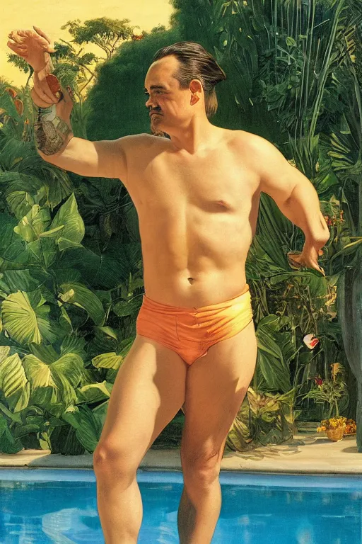 Prompt: Mike Patton wearing a Speedo, Next to a pool, golden hour, in a garden, artstation, by J. C. Leyendecker and Peter Paul Rubens,