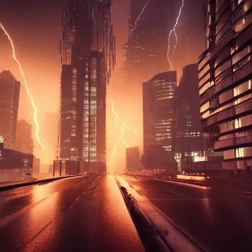 Prompt: cityscape during a lightning storm, futuristic, 8k, ray tracing, volumetric lighting, james verbicky, professional, concept art, artstation hd, trending on social media,