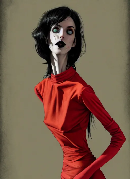 Image similar to portrait of a lanky woman with a crooked nose and a confident expression, 1 9 6 0 s, colorful clothes, goth, punk, funk, intricate, elegant, highly detailed, digital painting, artstation, concept art, smooth, sharp focus, illustration, art by wlop, mars ravelo and greg rutkowski