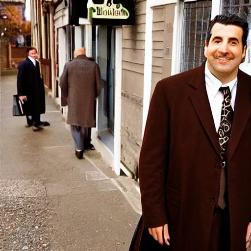 Image similar to full length shot : : clean - shaven smiling white chubby italian american man in his 4 0 s wearing a brown long overcoat overcoat overcoat overcoat and necktie and black shoes shoes shoes holding a burger, 2 0 0 6 advertising promo shot