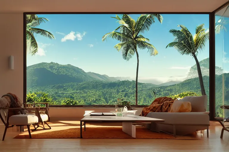 Image similar to big window, mountains in background, cloud forest in background, tropical beach in background, sunset, warm golden hour lighting, holiday vibes, living room, furniture, IKEA catalogue, futuristic, ultra realistic, ultra detailed, cinematic light, anamorphic, wooden floored balcony, by Paul Lehr