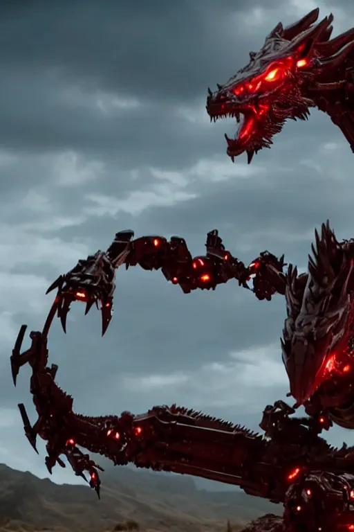 Image similar to cinematic still of westworld, a full body red si - fi robotic fantasy dragon, well armored mech dragon, highly detailed