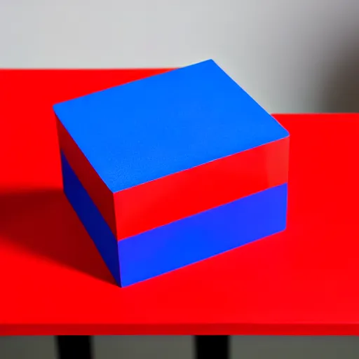 Image similar to A red block on a blue block on a table