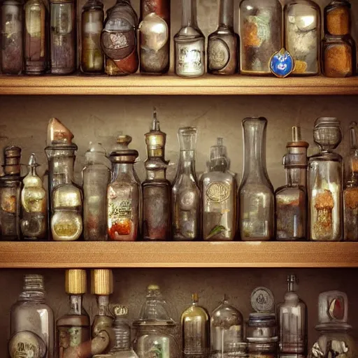 Prompt: beautiful worlds inside quaint glass bottles in a medieval alchemists apothecary. ornate, behance, artstation, unreal render, unreal engine 5, octane