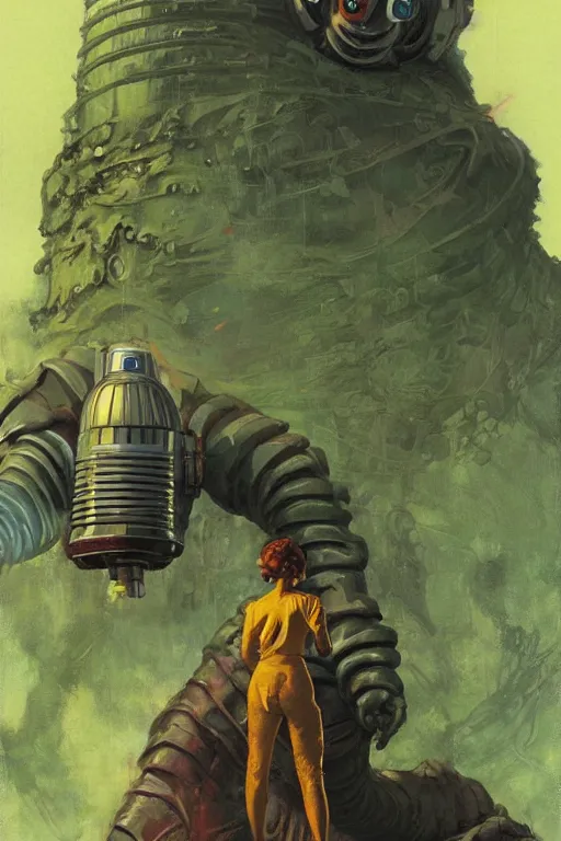 Image similar to pulp scifi fantasy illustration full body portrait of robby the robot on forbidden plant, monster from the id in the background, by norman rockwell, jack kirby, bergey, craig mullins, ruan jia, jeremy mann, tom lovell, 5 0 s, astounding stories, fantasy