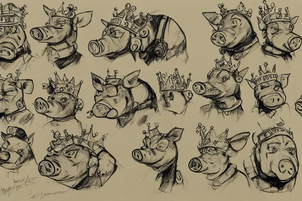 Image similar to concept sketches of a pig wearing a gold crown side profile by jamie hewlett, in the style of megaman