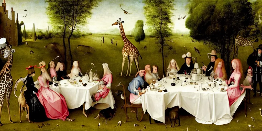 Image similar to elegant victorian tea party with giraffes in an english summer garden patio, hyper realistic hieronymus bosch - h 7 6 8