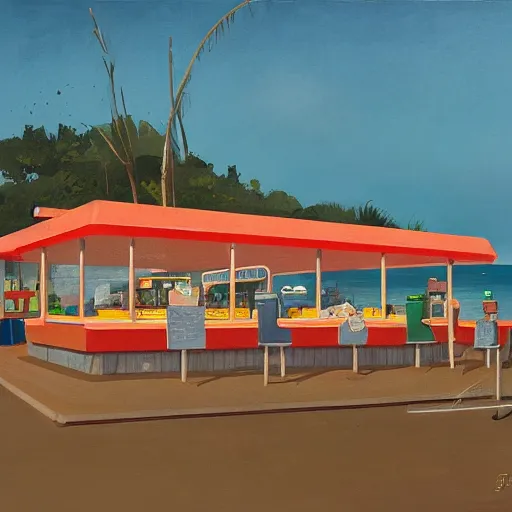 Image similar to fast food counter by the beach by simon stalenhag