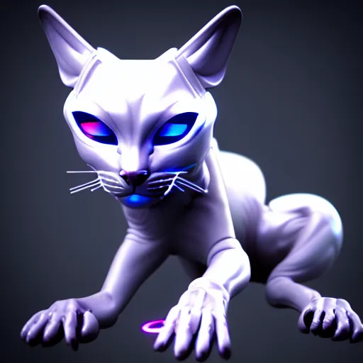 Image similar to cybertronic devil cat , 3d render , LEDs , octane render , 4k , rim lighting