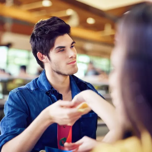 Prompt: a very handsome young male college student is buying lunch at the cafeteria but is out of money