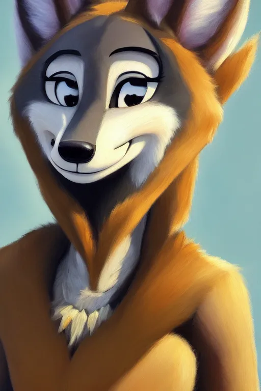 Image similar to oil painting of anthromorphic female wolf, in style of zootopia, female fursona, furry, furaffinity, 4 k, deviantart, furry art, fursona art, wearing black business suit, business suit, wolf fursona, female, very expressive detailed feminine face,