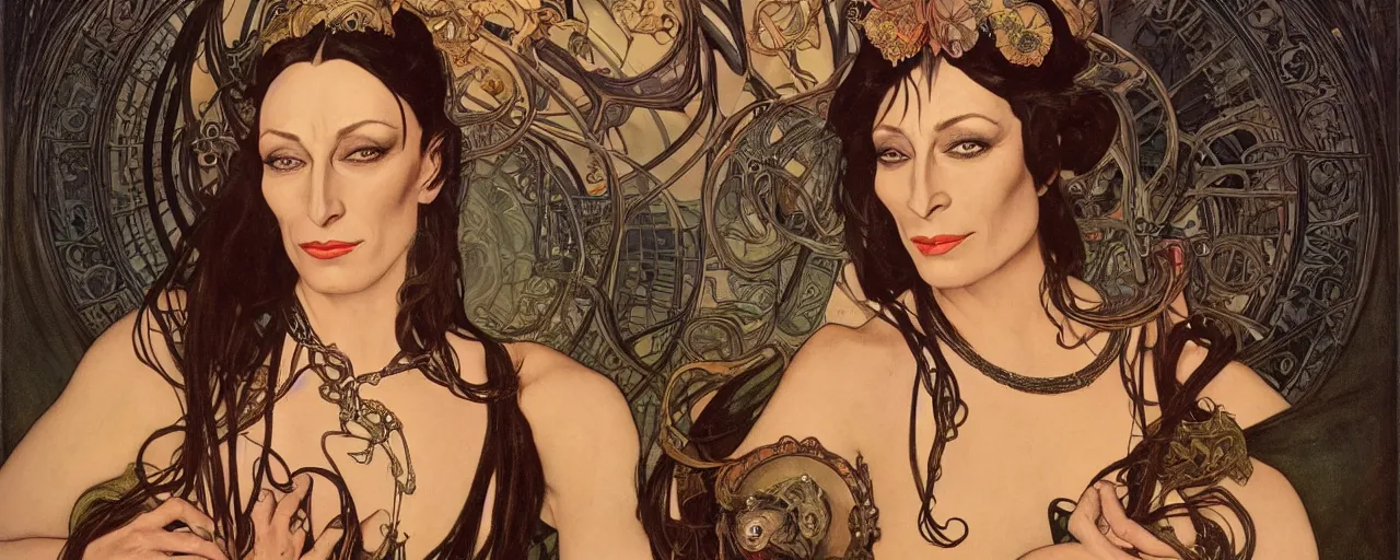 Image similar to stunning exotic art nouveau portrait of anjelica huston as an industrial dieselpunk queen of the night by glenn fabry, simon bisley and alphonse mucha, photorealism, extremely hyperdetailed, perfect symmetrical facial features, perfect anatomy, ornate declotage, spikes, latex, confident expression, wry smile, sinister eyes