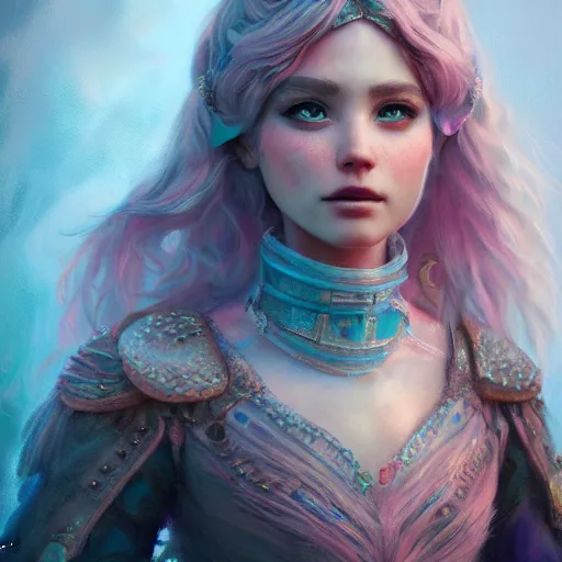 Prompt: detailed concept art illustration pastel painting of a beautiful Disney warrior princess in full intricate clothing, ultra detailed, digital art, octane render, 4K, dystopian, micro details