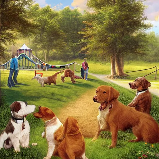 Image similar to a whimsical illustration of a dog park, by Peter Mohrbach and Mark Keathley