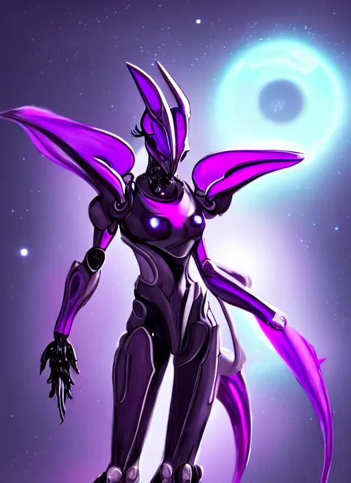 Image similar to cinematic body shot, galactic sized proportional stunning beautiful hot female warframe, sleek goddess mecha female dragon head, metal ears, led purple eyes, smooth fuschia skin, smooth silver armor, floating in space, holding a galaxy, epic proportions, epic size, epic scale, furry art, dragon art, giantess art, warframe fanart, furaffinity, octane