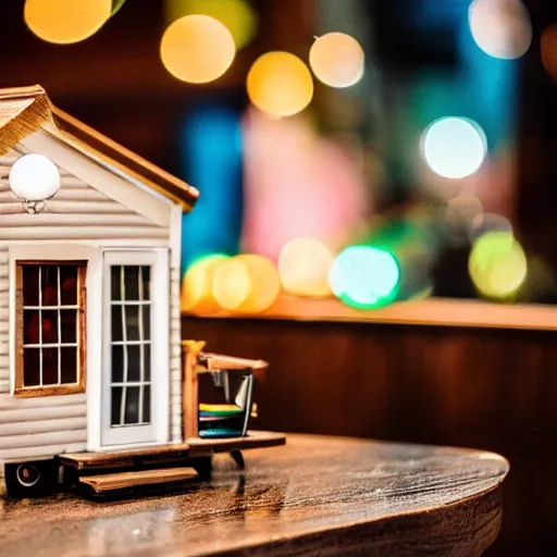 Prompt: a tiny house on a table on display in a mall, bokeh