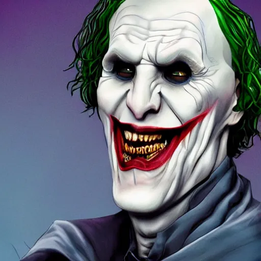 Image similar to voldemort as the joker, highly detailed, trending on artstation