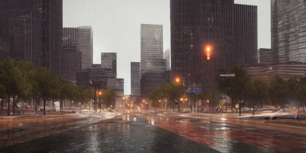 Prompt: kyriarchal vision of downtown denver with heavy rain, cinematic, ultra - realistic, ultra - detailed, octane render, unreal engine 5, depth of field