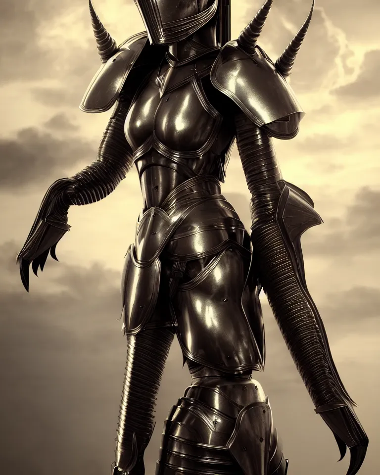 Image similar to epic portrait of female alien unicorn in plate armour by cleavanger and elvgren epic awesome symmetrical octane vfx maya render realistic