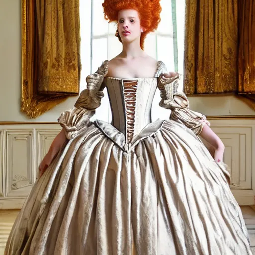 Prompt: of very long. ginger hair put down teenagers girl wearing a court rococo baroque marie antoinette ball dresses 1 8 th century renaissance historical period dress gown for women