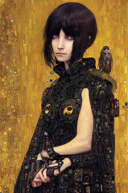 Prompt: portrait of beautiful young gothic maiden, cyberpunk, Warhammer, highly detailed, artstation, illustration, art by Gustav Klimt and Ilya Kuvshinov