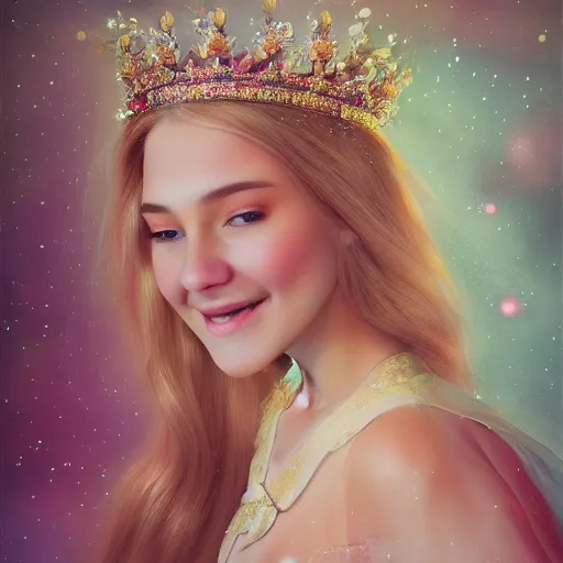 Image similar to close-up of a smiling beautiful female, blonde,, wearing a crown of daisies, beautiful happy face, ethereal, starry, space, magical atmosphere, maximalist, cinematic lighting, cinematic atmosphere, trending on artstation, cgsociety, 8k, high resolution, in the style of Faiza Maghni, David Ligare, Flora Borsi, Daniel Gerhartz,