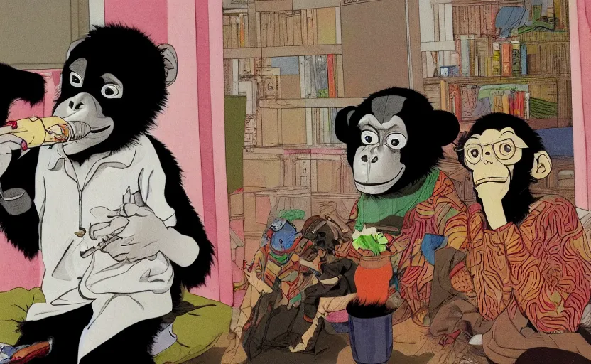 Image similar to a funny chimpanzee smoking weed in a rundown apartment, digital painting masterpiece, painted by joji morikawa, by osamu tezuka, by yukito kishiro, by ikuto yamashita, 4 k wallpaper, beautiful, gorgeous, intricate detail