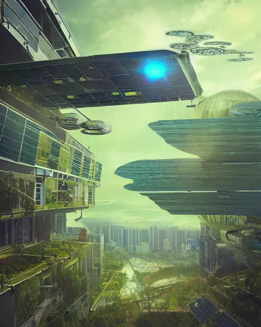 Prompt: solarpunk vehicle above a city, scifi, futuristic, bright light, highly detailed, concept art, green plants, research complex, school, drones, solar panels, flowers, utopia, sharp focus, trending on artstation, intricate, atmosphere, raining, art by roman makarenko, dzung phung dinh