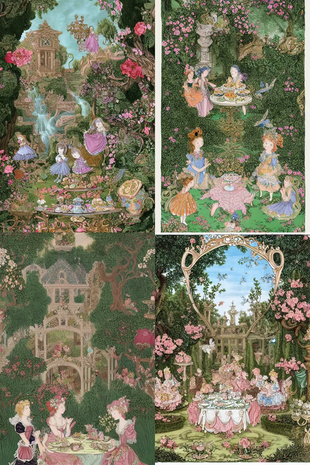 Prompt: versailles garden Tea party with rich rococo ornaments, Intricate Victorian ink drawing and gouache fairy tale illustration, screen printing, little Nemo in Sluberland, 4K