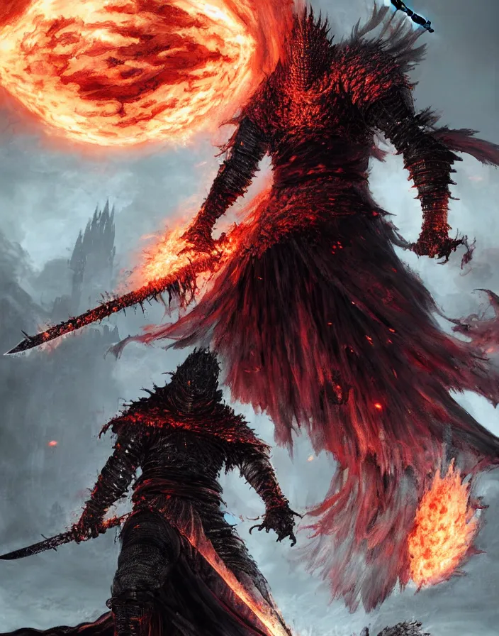 Image similar to illustration of the soul of cinder from Dark Souls 3 wielding a burning greatsword, dark souls 3 artwork by Masanori Warugai, art by greg rutkowski, art by craig mullins, art by Yoshitaka Amano