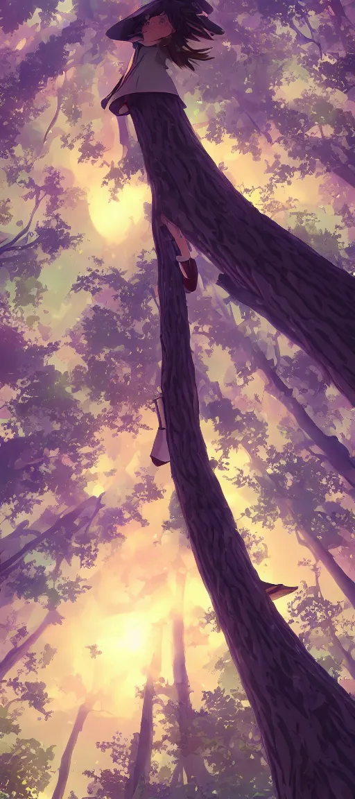 Prompt: vertical panoramic shot of an anime character, looking up, tall trees, nighttime with fireflies in the trees, young character, trending on artstation, digital art