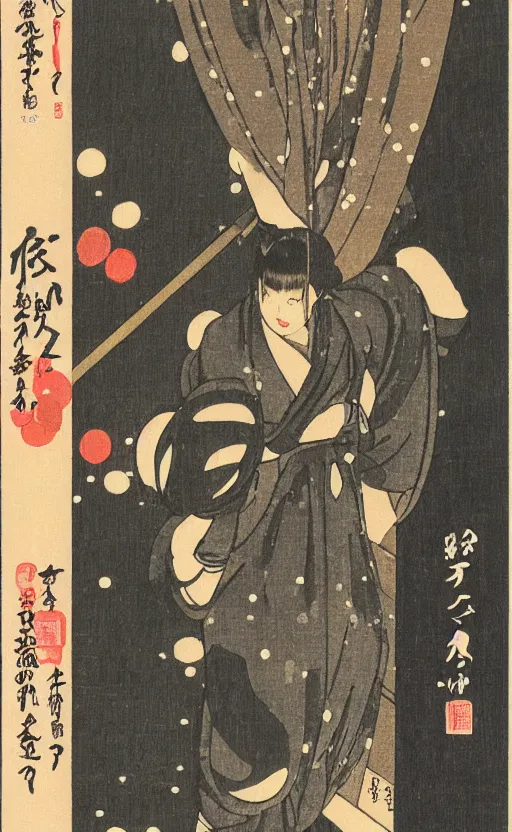 Prompt: by akio watanabe, manga art, the closed curtain of a japanese theatre, trading card front